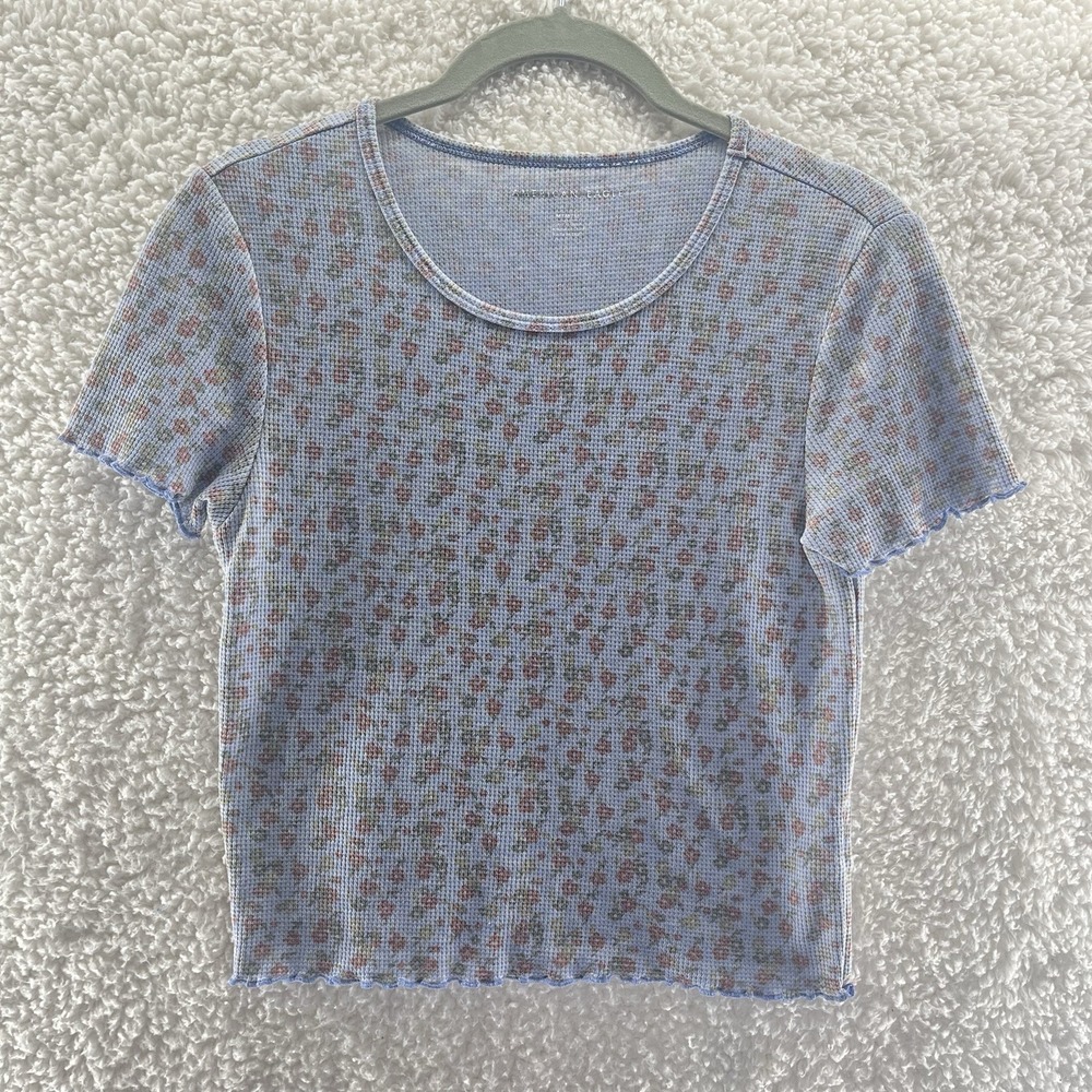 American Eagle Crop Top Women's Size Medium Blue Floral Waffle Knit Preppy
